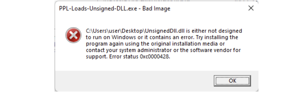 PPL process attempting to load an unsigned DLL via LoadLibrary