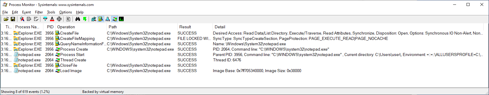 explorer.exe launching notepad.exe, as seen in Process Monitor